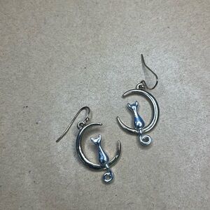 Silver Cat and Moon Earrings